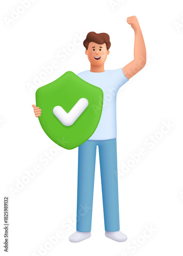 Confident man James standing with one arm raised in triumph and holding shield with check mark symbol. Protection, insurance concept. 3d vector people character. Cartoon minimal style.