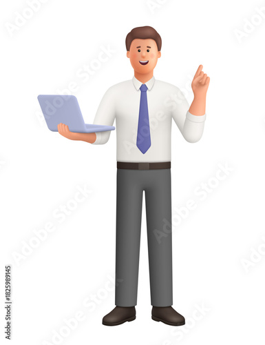 Young smiling businessman Ted holding laptop. Computer technology, business, communication, presentation and professional success concept. 3d vector people character. Cartoon minimal style.