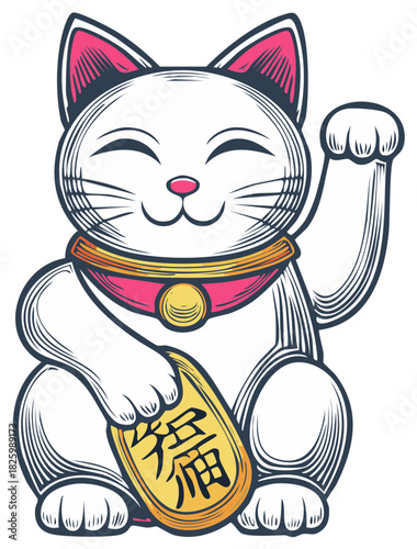 Traditional Japanese Maneki-neko lucky cat figurine illustration. Beckoning cat symbol of good fortune.