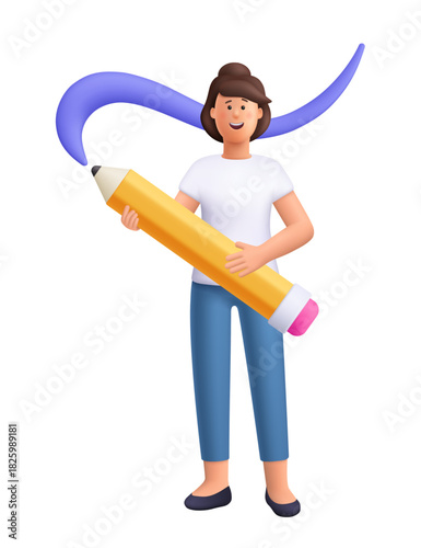 Young smiling woman Jane holding big pencil and drawing wavy line. Art, writing, education, design and creativity concept. 3d vector people character. Cartoon minimal style.