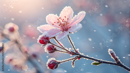 Delicate cherry blossom branch adorned with glistening frost and falling snowflakes, capturing the serene beauty of winters embrace on a soft, ethereal morning