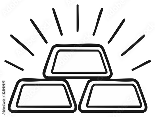 Hand drawn stack of three shiny gold bars with radiating light