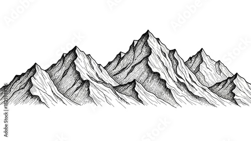 Hand-Drawn Sketch Mountain Range Illustration - Majestic Peaks Wilderness Landscape Graphic