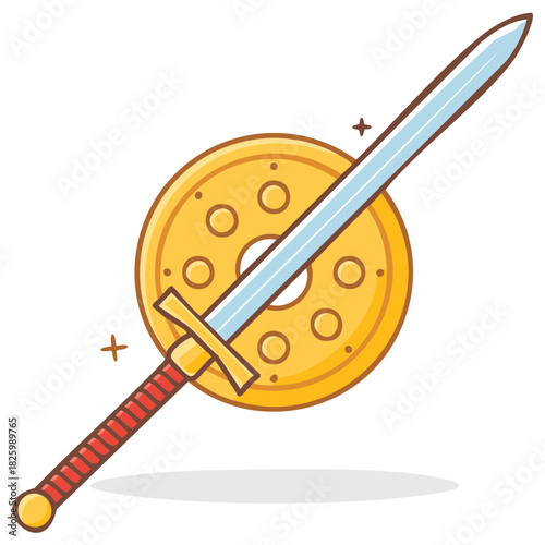 Cartoon medieval longsword and golden round shield vector icon for fantasy games.