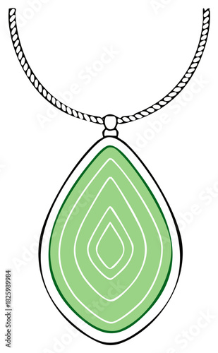 Hand drawn green teardrop pendant on braided cord necklace