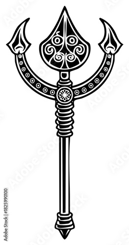 Decorative Mythological Trident Spear Symbol Black and White Tribal Design Element Isolated