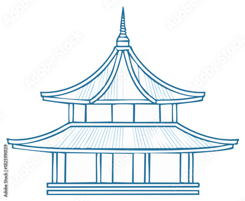 Blue line art outline of a traditional Asian pagoda temple a multi tiered spiritual building with a graceful spire