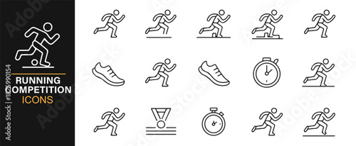 Clean outline icons illustrating sprint poses, medals, and timing tools