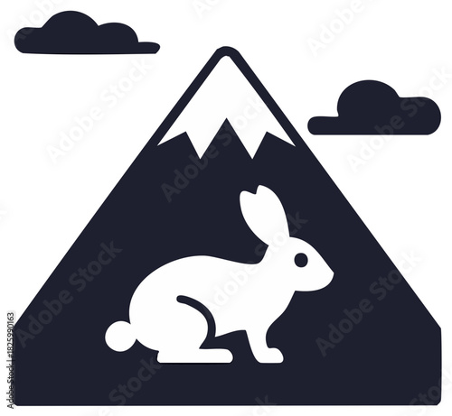 Minimalist graphic icon of a white rabbit in a dark mountain landscape with a snow capped peak