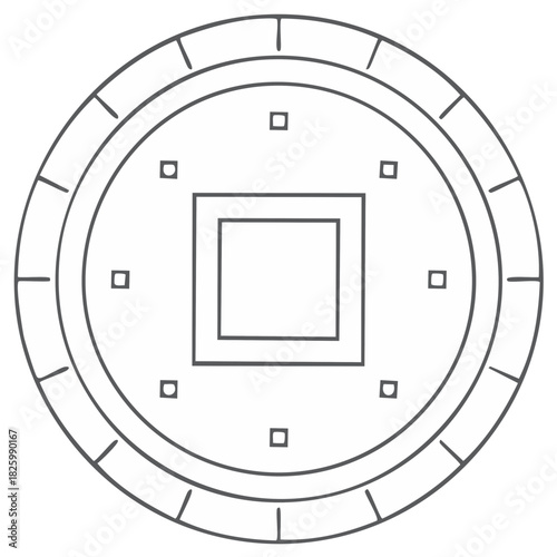 Minimalist line art illustration of a traditional Chinese lucky Feng Shui coin