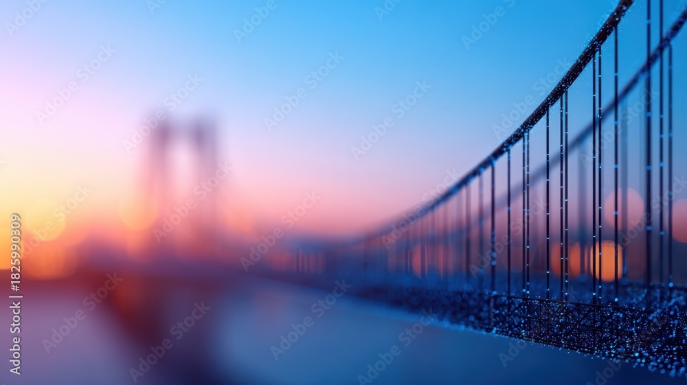 Obraz premium A beautiful twilight scene featuring a bridge, with a soft focus and droplets reflecting the stunning colors of the sky.