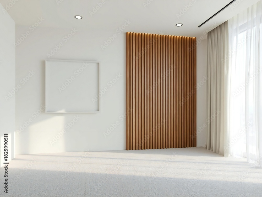 Fototapeta premium Modern minimalist interior with wooden slat wall and natural light
