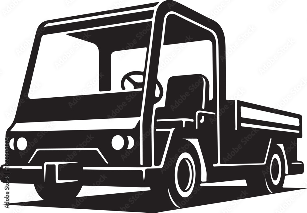 Fototapeta premium Small utility vehicle pickup truck woodcut icon black white art