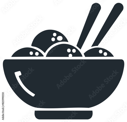 Simple black glyph icon of an Asian food bowl with meatballs and chopsticks