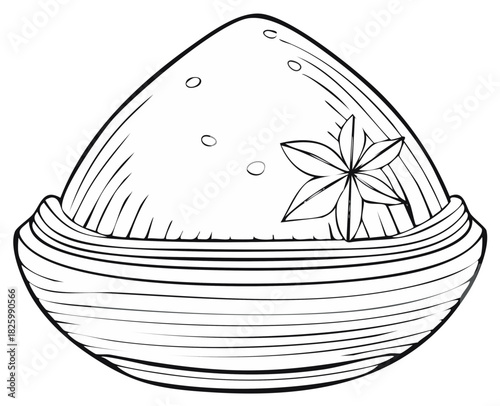 A hand drawn sketch of a bowl filled with a pile of spice powder and a star anise on top