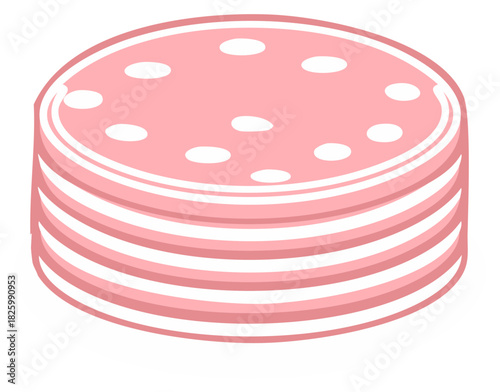 Stack of Pink Salami Slices with White Fat Spots in Isometric View