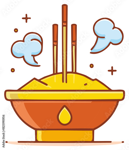 Vibrant cartoon illustration of burning incense sticks in a ceremonial bowl with smoke