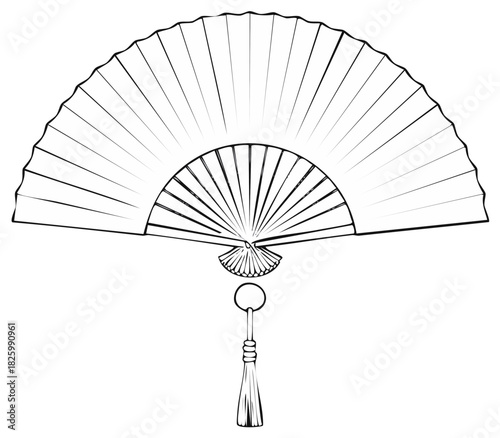 Black and white line art of a traditional Asian folding hand fan with a tassel illustration