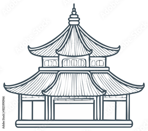 Traditional Asian Pagoda Temple with Tiered Roofs Line Art Illustration