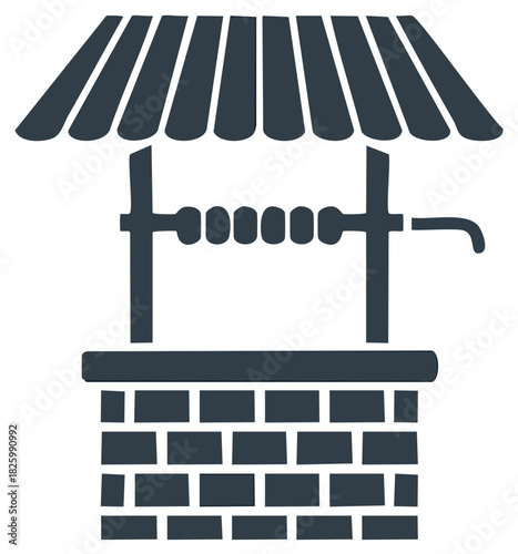 Classic Water Well Structure with Brick Base and Roof Silhouette Illustration