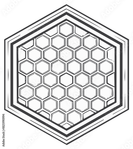 Geometric honeycomb pattern inside a hexagon frame sketch style illustration