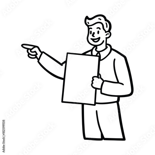 Professional woman in a suit standing and smiling, holding a clipboard and showing a blank sign to the camera