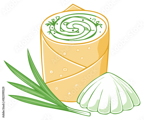 Vector Food Illustration: Crepe Wrap with Green Filling, Green Leaves and Cream on Side