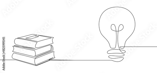 Books stape connect with lightbulb drawn in single continuous line. Clean and modern design on white background for education, learning