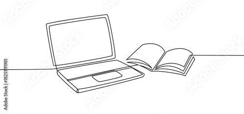 Outline drawing of laptop with open book minimalist single continuous one line art style on white background for education