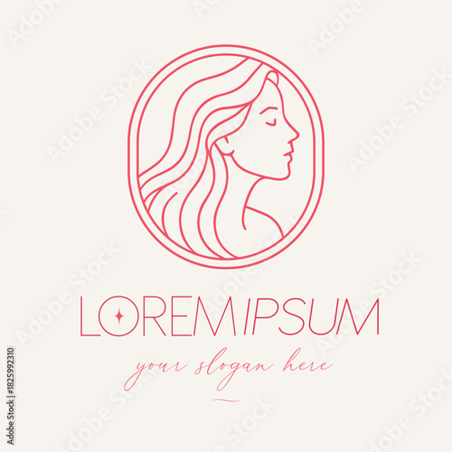 Minimalist logo woman face flowing hair modern and elegant line for spa, beauty blog, cosmetic shop, website