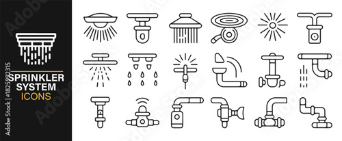 Modern minimal icons representing sprinkler tools, fittings, and water systems