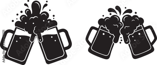 Celebration drinkware icon set, wine glass, champagne flute beer mug collection, clinking toast symbols, festive black flat cad illustration