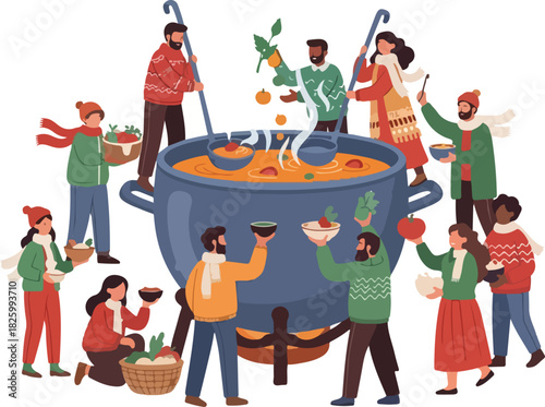 A group of diverse people are gathered around a large pot, serving and sharing a hearty, steaming soup with vegetables and fruit.