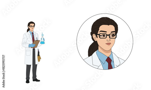Young female scientist character with lab coat and briefcase