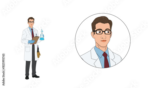 Young male scientist character with lab coat and briefcase