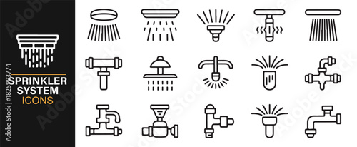 Line-style sprinkler system icons with irrigation heads, taps, and water spray