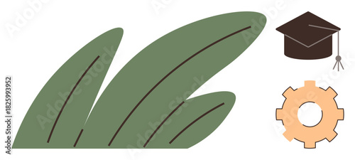 Green leaves, a graduation cap, and a gear represent sustainability, education, and innovation. Ideal for learning, environment, progress, technology development eco-consciousness and teamwork