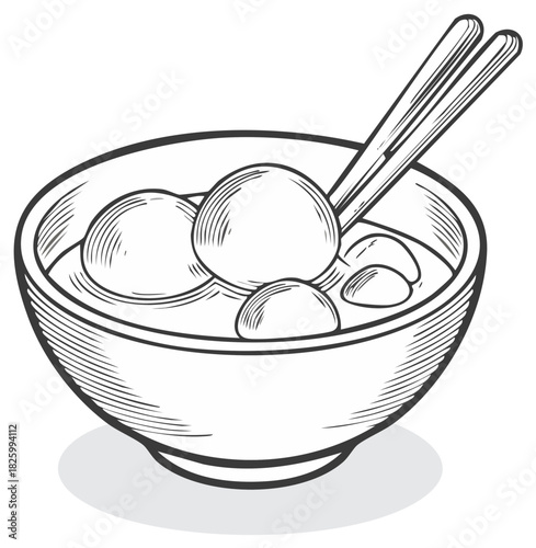 Traditional Asian dumplings in a soup bowl with chopsticks hand drawn line art