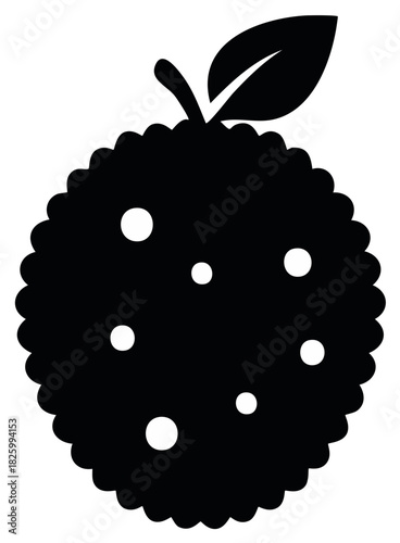 Simple black silhouette icon of a lychee or rambutan tropical fruit with a leaf