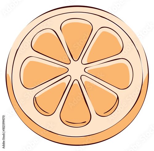 Vibrant orange slice illustration featuring a detailed, cartoonish style ideal for design projects, highlighting freshness and a healthy lifestyle