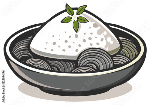 Japanese inspired noodle bowl illustration featuring a generous white topping and delicate green leaf garnish