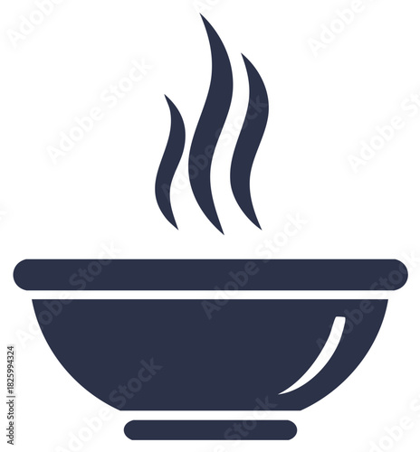 Minimalist dark grey icon of a steaming bowl representing hot food, soup, or beverage.