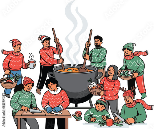 A group of people wearing winter clothing are preparing a large pot of food together, some stirring, some chopping vegetables, in a festive atmosphere.