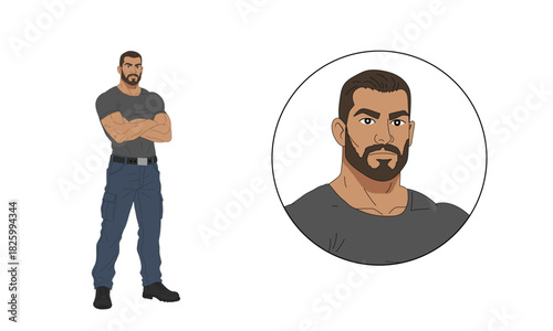 Muscular bearded man character illustration with portrait
