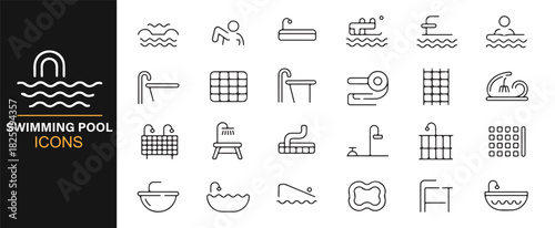 Line-art collection of swimming pool features such as ladders and slides