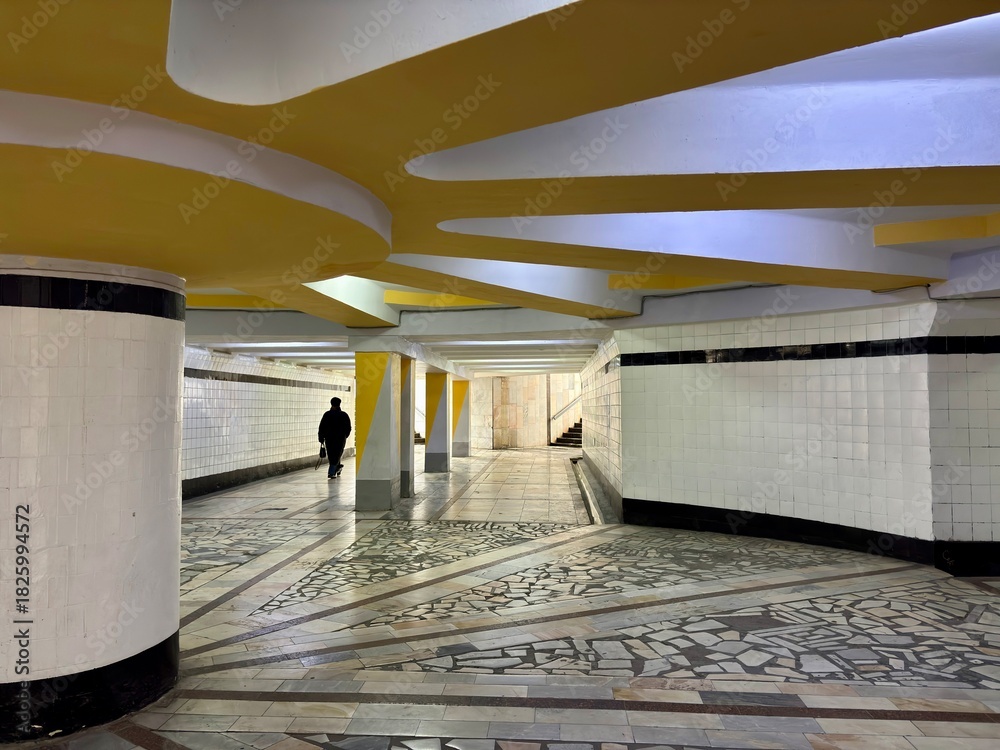 Fototapeta premium Person walks through retro tunnel with mosaic floor