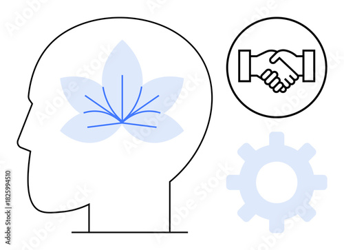 Mindfulness concept. Mindfulness through a head silhouette with a lotus flower, handshake symbol, and gear icon. Mindfulness in teamwork, mental health, self-awareness, balance, and productivity