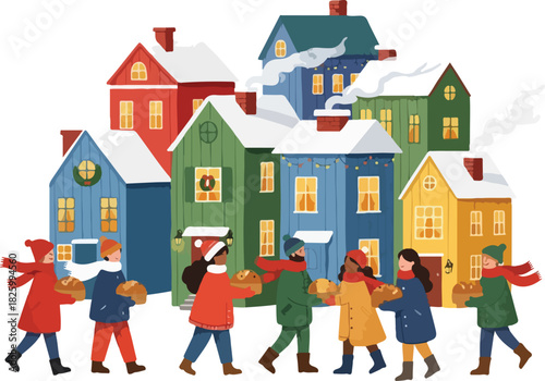 A group of people in winter clothing walk in a row carrying loaves of bread in front of colorful, snow-covered houses.