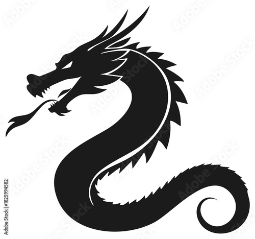 Mythical Asian dragon silhouette vector graphic. Powerful serpentine creature icon for logo or tattoo design.