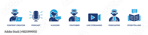 Creative Media Journey Icons set vector illustration blue with Content creator, Podcast, Vlogger, Youtuber , Live streaming, Podcaster, Storytelling